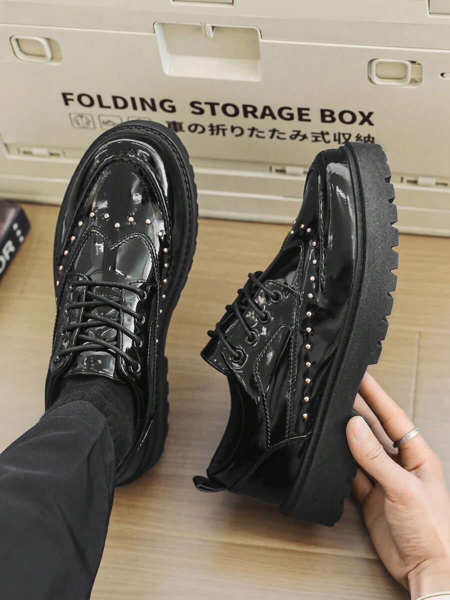 Men's Vintage Thick-Sole Elevator Shoes, Dark Wrinkled Lace-Up Derby Formal Shoes, Platform Work Casual Sneakers, Street Fashion Essential - Black - View 1