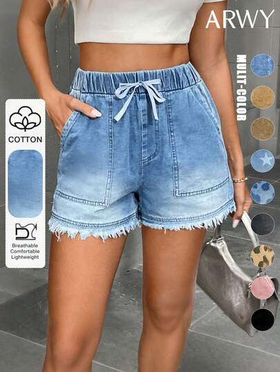 Women's Cute Drawstring Elastic Waist Denim Shorts, Frayed Hem, Non-Stretch Blue Denim Bermuda Shorts Casual Summer