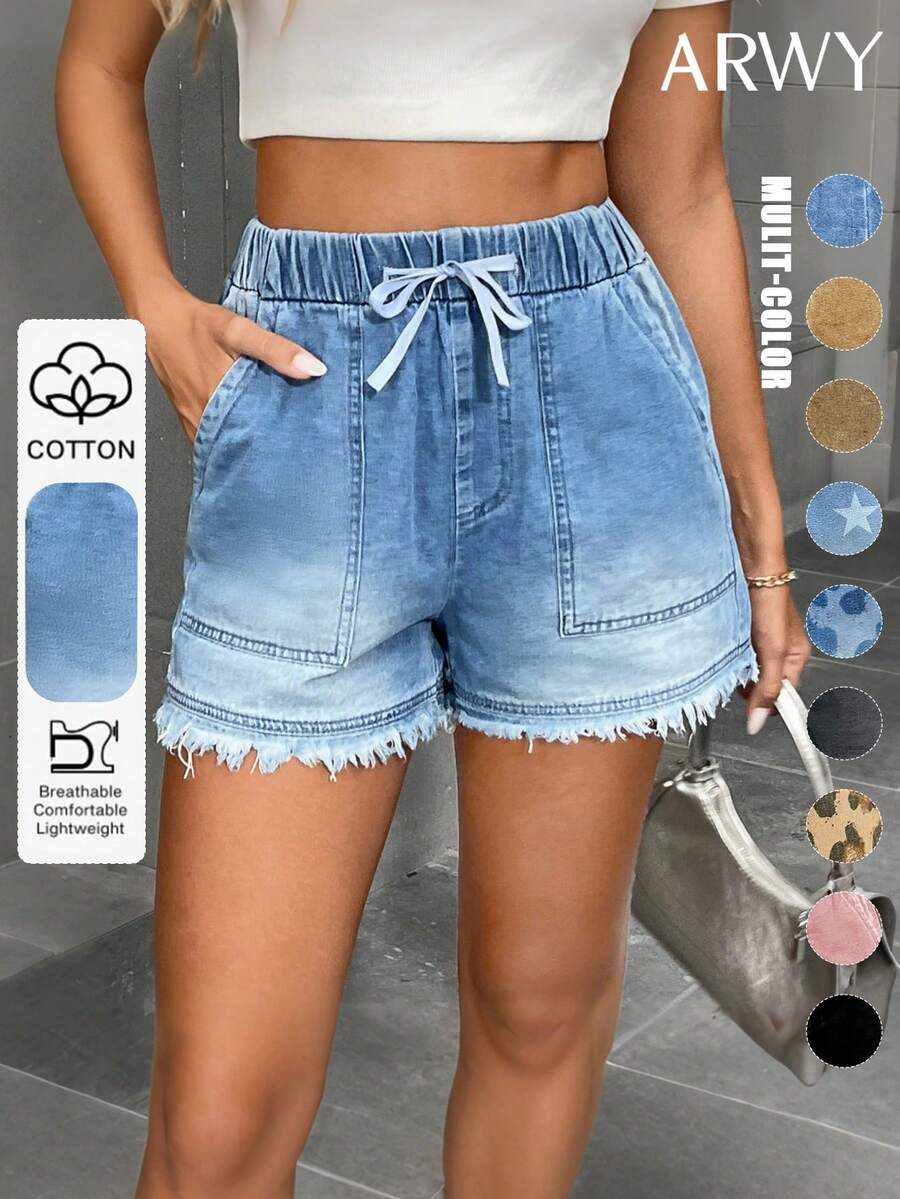 Women's Cute Drawstring Elastic Waist Denim Shorts, Frayed Hem, Non-Stretch Blue Denim Bermuda Shorts Casual Summer - Light Wash - View 1