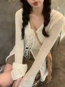 Korean Design V-Neck Tie Hollow Thin Knit Cardigan - Apricot - View 2