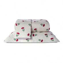 Double Bedspread Coverlet, Standard Size, 3 Pieces, Printed, 180 Thread Count - Red Floral - View 1