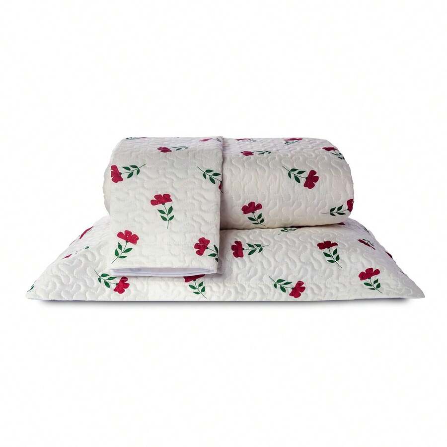 Double Bedspread Coverlet, Standard Size, 3 Pieces, Printed, 180 Thread Count - Red Floral - View 1