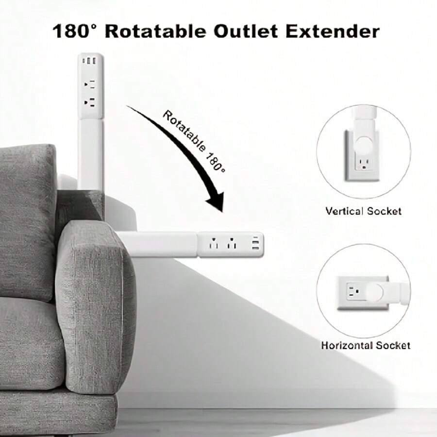 5in 1 Telescopic Outlet Extender With 2 AC Outlets, USB-A And USB-C Ports | 180° Rotating Wall Plug, Ideal For Hard-To-Reach Areas Behind Nightstands, Sofas And More - 美規B型插(110-127V) - 查看 1