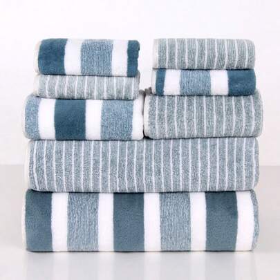 8pcs Towel Set, Striped Soft Home Bathroom Bath Face Towels, Quick Drying