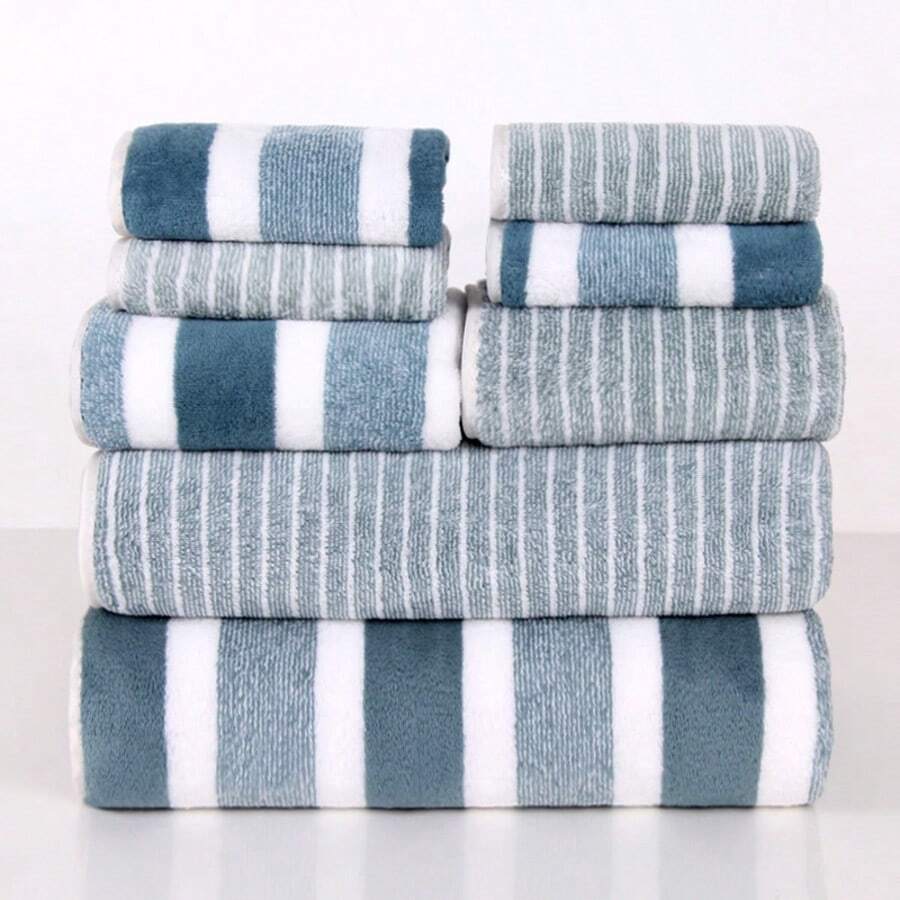 8pcs Towel Set, Striped Soft Home Bathroom Bath Face Towels, Quick Drying - Multicolor - View 1