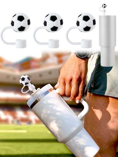 5个足球造型硅胶吸管盖，适用于10毫米吸管，可重复使用，适用于30盎司/40盎司的杯子，保持吸管顶部清洁，防止灰尘污染，适用于足球主题派对、球迷聚会和世界杯观赛，在美国、加拿大和墨西哥均适用。