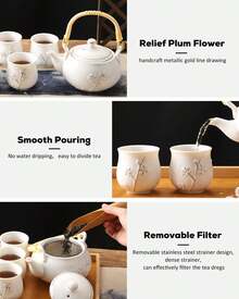 Dujust Japanese Tea Set, Cyan-Blue Porcelain Tea Set With 1 Teapot, 6 Tea Cups, 1 Tea Tray, 1 Stainless Steel Infuser, Asian Tea Set For Tea Lovers - White - View 4