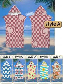 1pc Heart, Stripe, Fruit, Flower, Ocean Element Hooded Printed Cloak, Ultra-Fine Fiber Beach Blanket And Hooded Beach Wrap 2-In-1, With Buttons, Unbuttoned Can Be Converted Into Beach Blanket, Super Absorbent Towel, Suitable For Travel, Pool, Diving, Surfing, Yoga, Camping - Multicolor - View 3