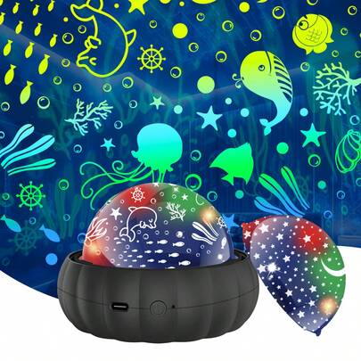 二合一夜灯投影仪，海洋与星月图案，配备两个灯罩，360°旋转星系投影仪，色彩变换，是万圣节、圣诞节、卧室、派对和节日装饰的理想之选，营造轻松的居家氛围。
