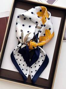 1 chiếc khăn lụa vuông, băng đô satin in họa tiết dành cho nữ, khăn trùm đầu, khăn quàng cổ thời trang cho nữ, khăn choàng, khăn choàng cổ, khăn trùm đầu, phụ kiện váy áo - Hoa chấm bi khung đôi màu xanh nước biển - Xem 1