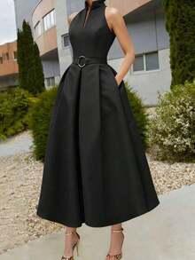 Women's Elegant Tie-Waist A-Line Dress, New Spring/Summer & Summer/Autumn Styles, Sleeveless V-Neck, Office/Commute Dress Black - Black - View 3