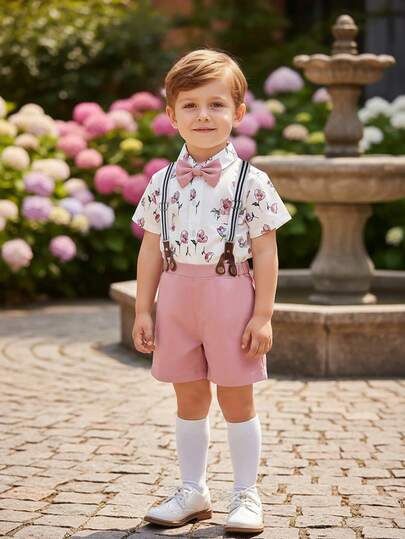 BOARNSEORL 两件套男童绅士套装 - 短袖衬衫配领结和粉色背带短裤，时尚迷人，适合生日派对、正式场合、婚礼和其他场合。