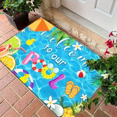 1/2/3 piezas Alfombra para la piscina - Diseño "Bienvenido a nuestra piscina" con juguetes de piscina, follaje tropical y palmeras, lavable a máquina, gruesa y absorbente, perfecta para la piscina, la decoración del hogar y las celebraciones, decoraciones de piscina, alfombra de interior y exterior, diseño alegre, las alfombras de franela lavables a máquina son imprescindibles para uso doméstico.