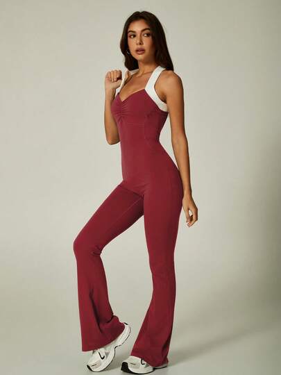 NcmRyu 1pc Women's Contrast Color Ruched Design Thick Strap Criss-Cross Backless Jumpsuit