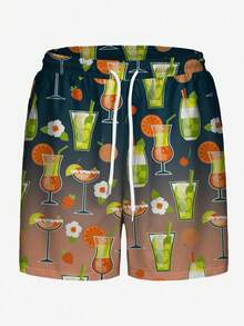 Pantaloni scurți de plajă casual pentru bărbați, cu imprimeu digital 3D, model artistic și băutură din fructe, cu șnur elastic în talie, pantaloni scurți de baie ușori și respirabili, pentru vacanța de vară - Multicolor - Vizualizare 2