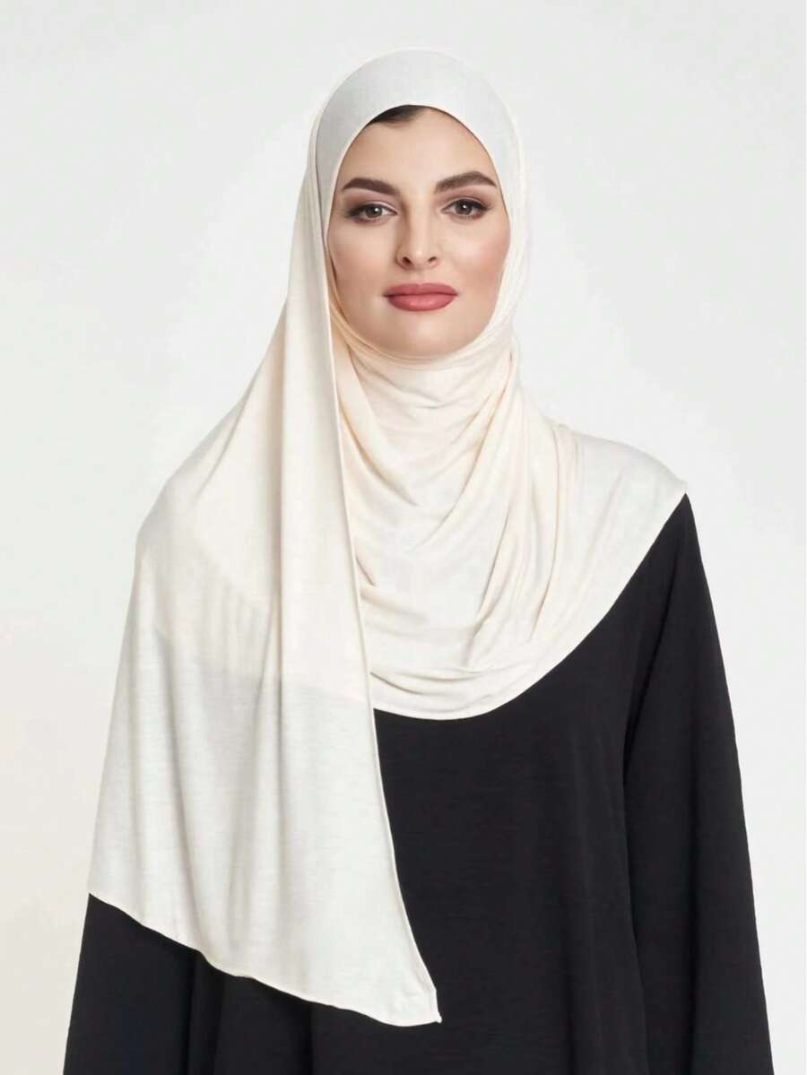 1件装高级液态针织头巾，奢华穆斯林女士围巾披肩，长款弹力头巾，适合日常生活、外出和聚会 - 淺杏色 - 查看 1