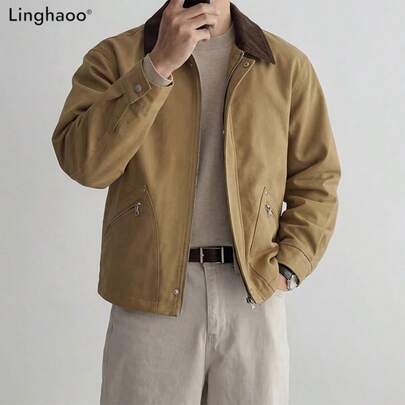 Men's Turndown Collar Contrast Color Zipper Pocket Design Casual Zip-Up Jacket