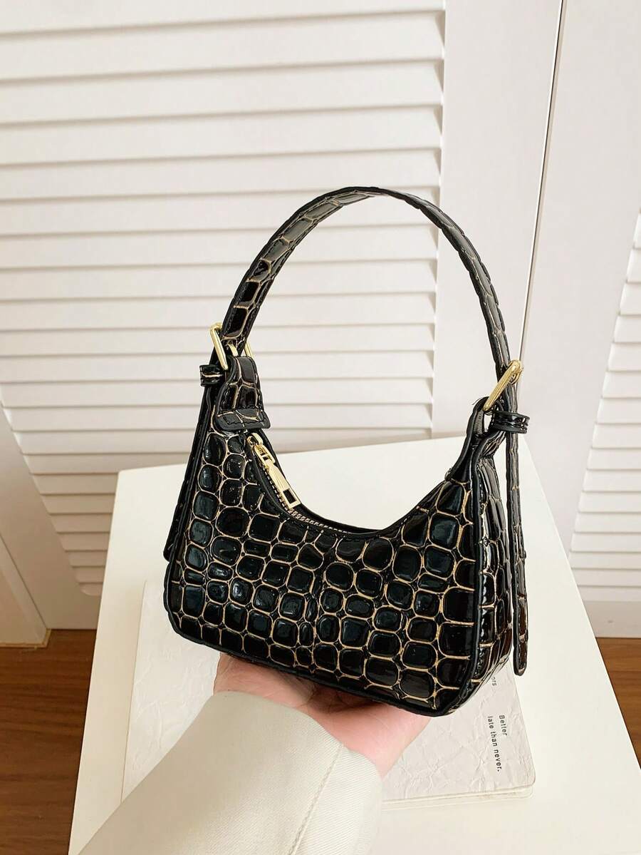 新款手提包，时尚小巧百搭石纹迷你半月形手提包 - 黑色 - 查看 1