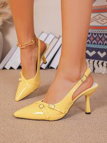 Women's Pointed Toe Kitten Heel Slip-On Sandals - Yellow - View 4