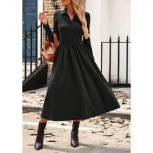 Kasin Women's Fall Long Sleeve Midi Dress 2025 Casual Polo V Neck Ribbed Knit A Line Flowy Work Dresses With Pockets - 黑色 - 查看 6