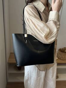 New Arrival Solid Color Luxury Minimalist Versatile Women Shoulder Tote Bag - Black - View 6