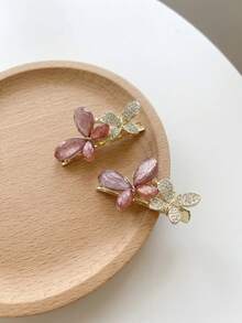 2个/1个粉色玻璃蝴蝶水钻发夹，甜美刘海夹发卡，适合女孩 - 彩色 - 查看 1