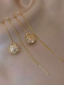 1件长流苏耳环，奢华小众设计，独特简约优雅耳环 - 金黃色 - 查看 7