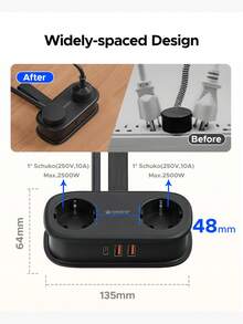 ORICO 旅行电源插座，配备 2 个交流电源插座、2 个 USB-A 端口和 1 个 USB-C 端口，适用于旅行/家庭/宿舍/办公室。 - 查看 6
