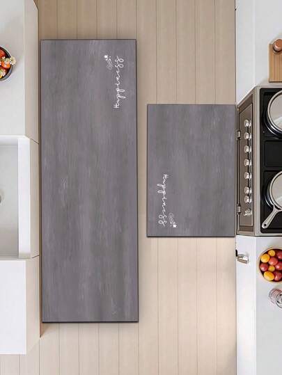 3.5mm Thick Absorbent Rubber Kitchen Mat, Modern Minimalist And Cozy Style With Cement Gray Base, Accented With White Handwritten "Happiness" Text And Minimalist Comet & Star Line Pattern, Customizable Size For Kitchen
