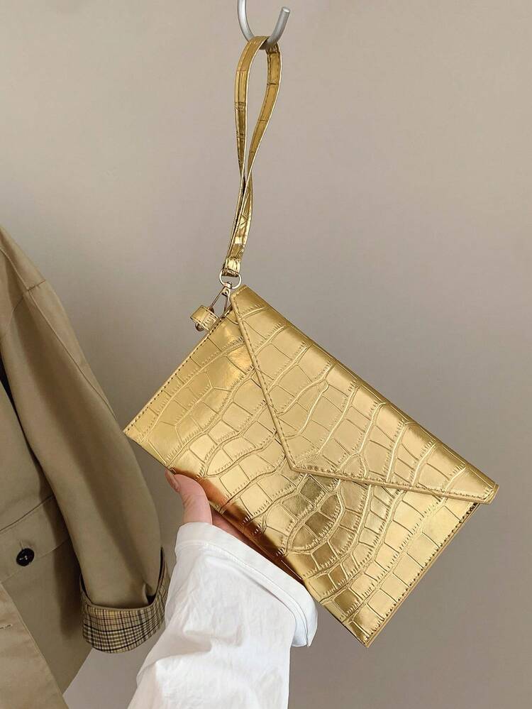 1pc Gold Crocodile Embossed PU Leather Clutch Bag With Metal Chain, Suitable For Women/Girls, Can Be Used As Shoulder Bag, Coin Purse, Perfect For Party, Evening, Shopping, Commuting, Travel, Etc. This Party Bag Pairs Perfectly With Holiday Party Dresses, Evening Gowns And Sequin Dresses, Making It The Perfect Choice For Parties, Weddings, Galas And Formal Events. - Gold - View 10