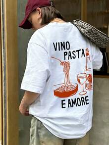 Camiseta de manga corta con cuello redondo, blanca, de estilo minimalista y casual, con estampado de pasta y vino, versátil y adecuada para mujeres - Blanco - Ver 8
