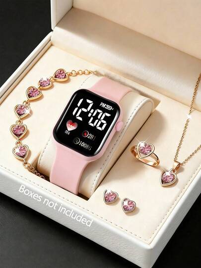 6件套女孩可爱粉色心形LED数字显示手表，适合运动、送礼、生日、情人节等场合，女孩手表
