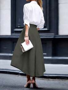 Women's Elegant Single-Breasted Long Sleeve Top And Contrast Color Zipper Skirt 2-Piece Set, Commuting, Elegant, Casual, Zipper, Spring/Summer - Trắng-xanh - Xem 3