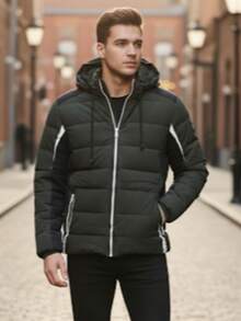 Men's Puffer Jacket With Thermal Lining And Hood - Ideal For Winter - Army Green - View 1