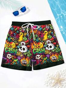 1 pieza Pantalones cortos de hombre de verano con estampado de arte pop de graffiti, pantalones cortos de playa informales con cordón en la cintura - Multicolor - Ver 2