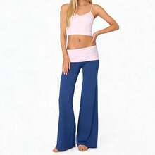 Wide Leg Sweatpants For Women Fold Over Low Rise Flare Yoga Lounge Pants Back To School Clothes For Teen Girls - Pink Blue - View 3