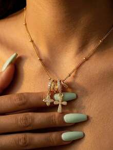 1件 Y2K 甜美酷炫风格镀金镶钻十字四叶草滑扣吊坠项链，适合女性，节日街头风日常佩戴，耶稣升天节礼物 - 金色 - 查看 2