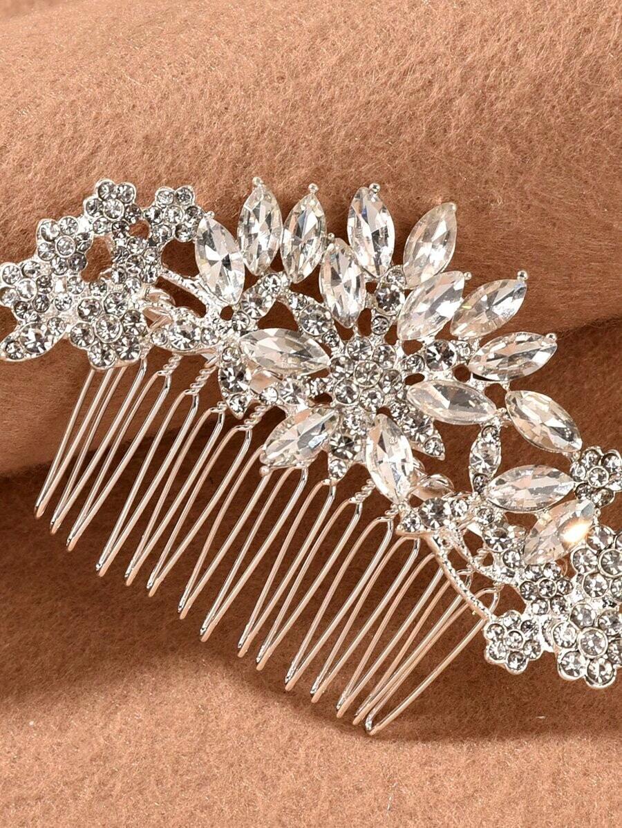 1 Piece Of Elegant Alloy Hair Comb With Diamonds For Women, Bridal Headpiece, Suitable For Weddings, Parties, Gatherings, And Valentine's Day Accessories - Silver - View 1