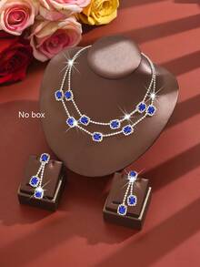 一套迷人的蓝宝石首饰套装 - 流苏耳环和多层项链 - 水晶镀银 - 伴娘/周年纪念礼物 - 藍色 - 查看 3