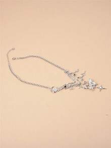 1pc Fashionable Vintage Rhinestone Butterfly Pendant With Star & Moon Charm Chain Match Stainless Steel Women's Necklace - 銀色 - 查看 3