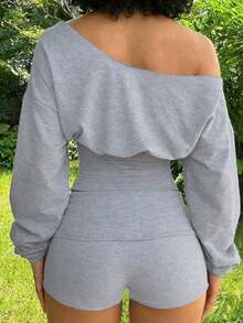 2pcs Women Casual Sports Set, Shorts And Long Sleeve Top, Streetwear Style Daily Wear Spring - 黑色 - 查看 4