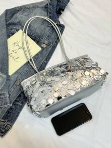 新款流苏亮片手提包，大容量多功能女士单肩托特包 - 銀色 - 查看 10