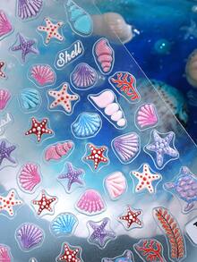 1pc Summer Ocean World Nail Stickers, 5D Embossed Seashell Underwater Creatures Nail Art Decals, Suitable For Personal DIY And Nail Salon Use - 彩色 - 查看 5