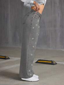 Quần ống rộng dáng suông, chất liệu denim màu xám bạc cổ điển, thêu hoa, thích hợp cho mùa xuân/hè. - Xám - Xem 2