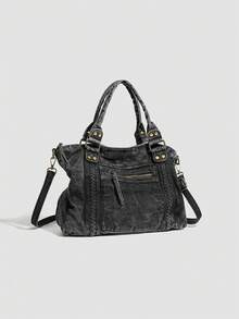 New Vintage Washed Leather Tote Bag, Large Capacity Handbag & Shoulder Bag For Women - Black - View 6