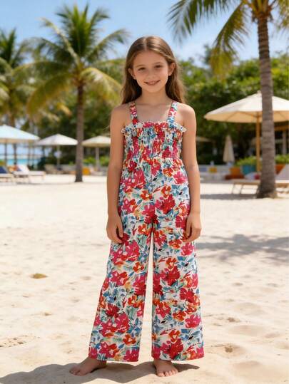 Mono floral de verano para niñas preadolescentes, diseño de cintura fruncida cómodo y transpirable con volantes en el bajo y piernas anchas, uso diario/vacacional fresco y de moda