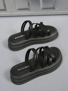 Minimalist Versatile Solid Color Y2K Casual Criss-Cross Thick Sole Sandals, Suitable For Beach, Spring/Summer - Black - View 5