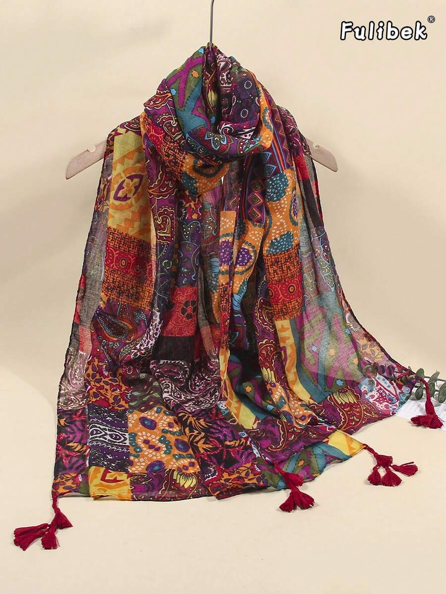 1 buah Syal Linen Wanita dengan Rumbai dan Motif, Cocok untuk Pantai, Liburan, dan Kehidupan Sehari-hari, Menambah Sentuhan Gaya Anda, Sepanjang Musim, Liburan, dan Perlengkapan Penting untuk Perjalanan - MultiWarna - View 1