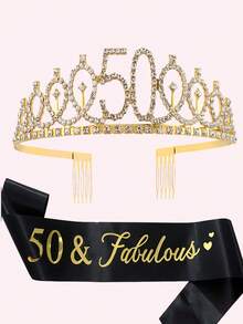 2 st. guldfärgade 50-årsjubileumskrona med elegant strass, set med axelrem och kristaller, lämpliga för födelsedagsfester och baler, strand, bröllop - Guld - Visa 5