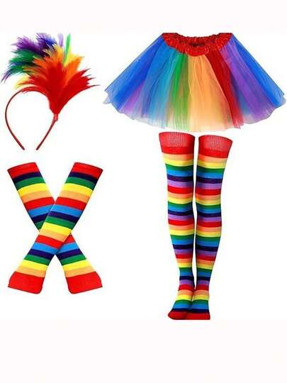 4pcs/Set Carnival Costume - Colorful Striped Knitted Arm Sleeves, Leg Warmers, Feather Headband, TUTU Mesh Skirt, Party & Festival Decoration Props